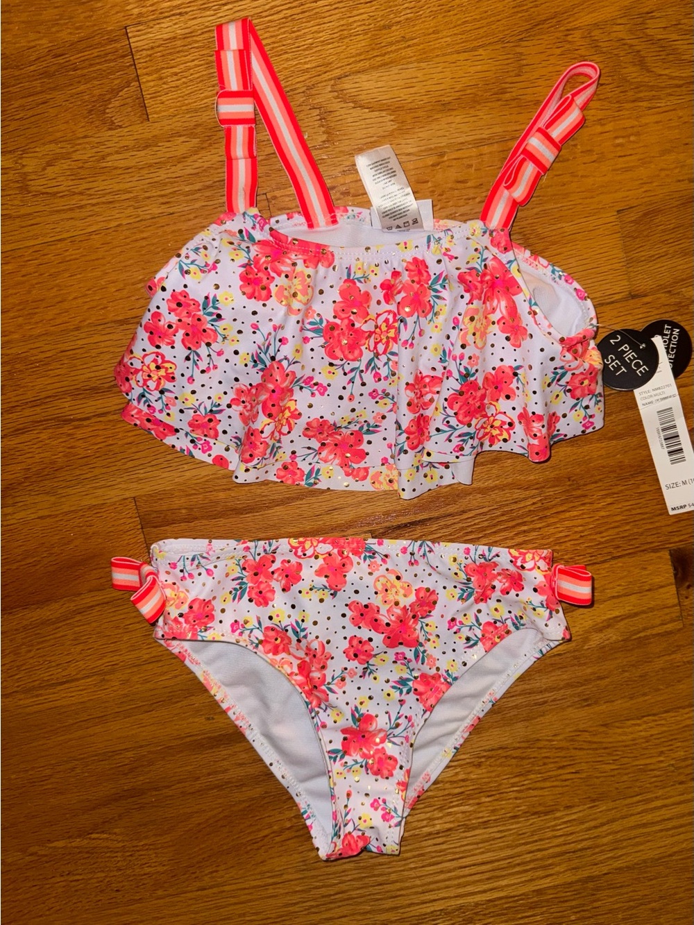 Nicole Miller Girls White Floral Two-Piece Swim Set with Pink Striped Straps